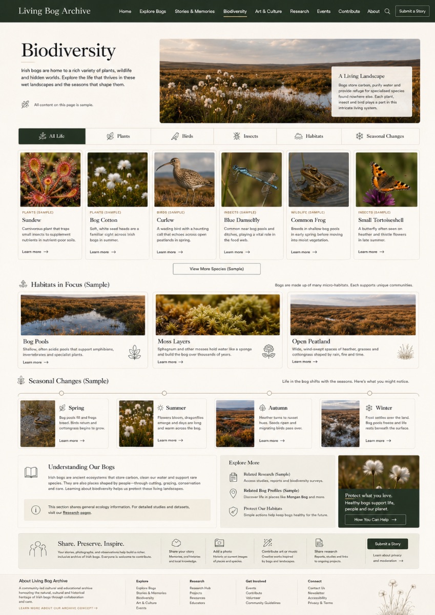 Biodiversity page, plants, birds, insects and habitats